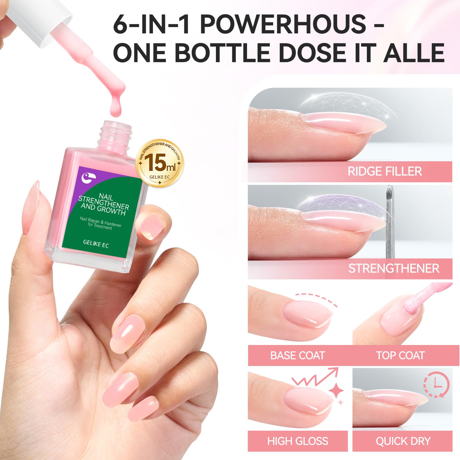 Gelike ec nail strengthener pink swatch for a subtle long-lasting tint and protection.
