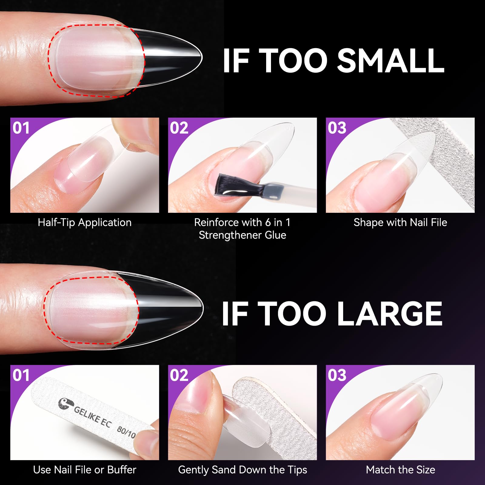 Gelike EC pre-etched PMMA clear nails for easy, precise application