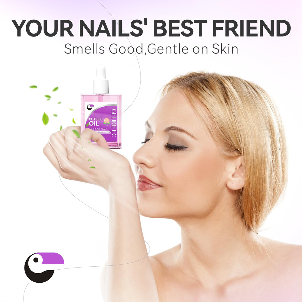 Gelike EC quick-absorb cuticle oil on nails for fast hydration.