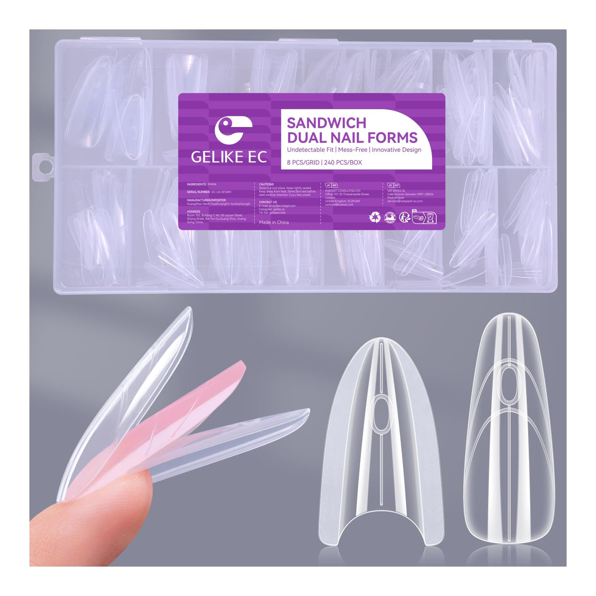 Gelike EC sandwich dual forms show top and bottom molds for precise nail extensions.