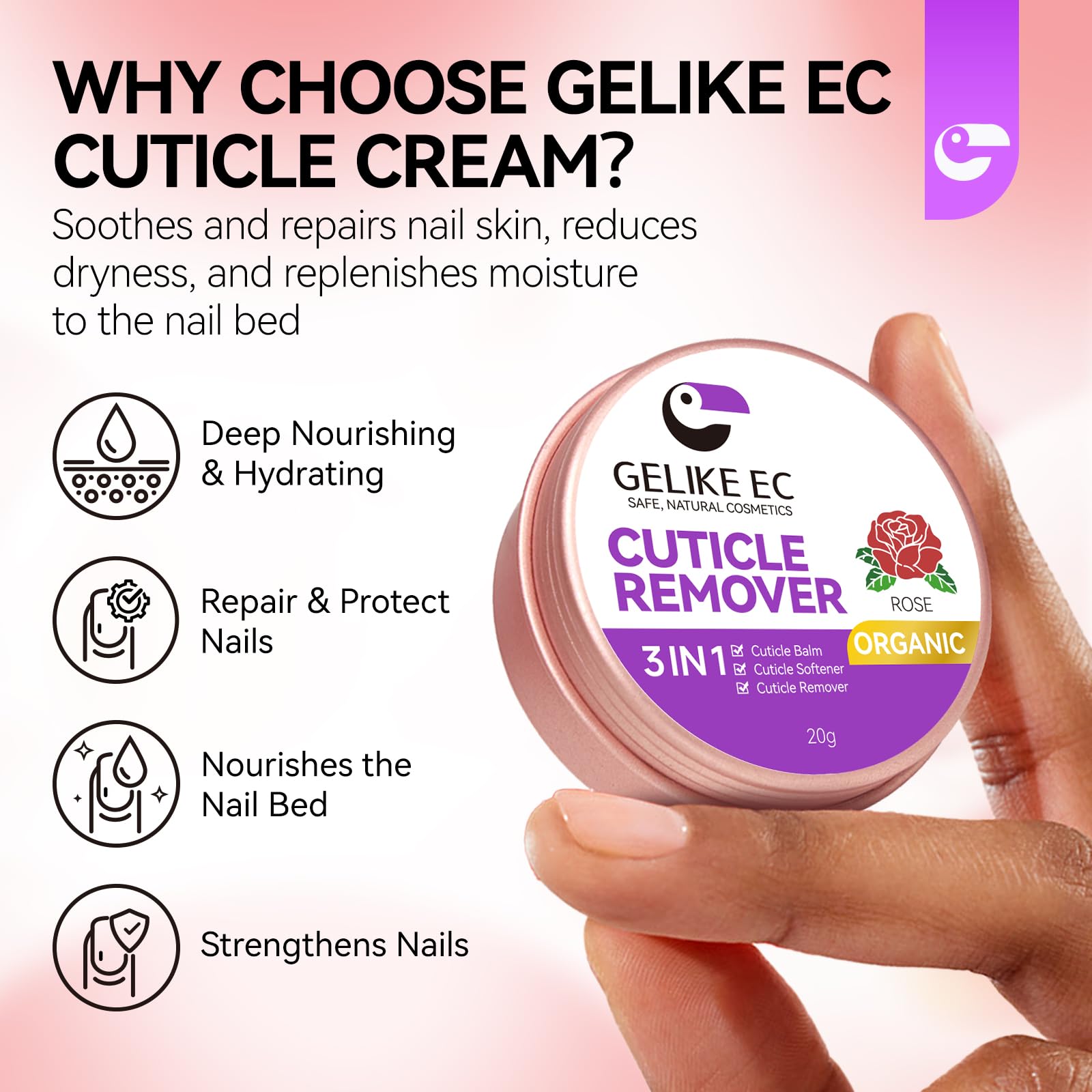 Gelike EC Vitamin E moisturizer around nails supports smooth, hydrated skin.
