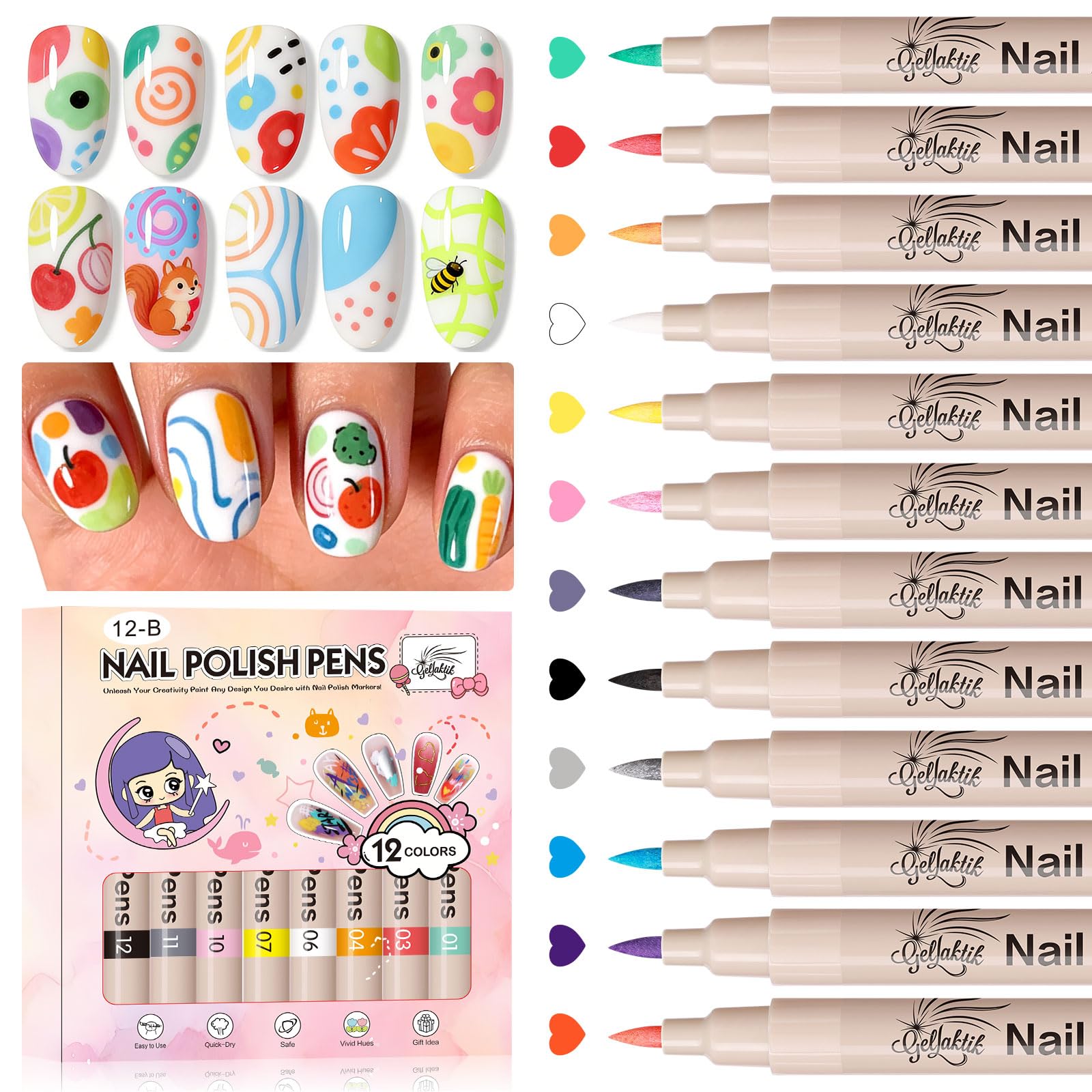 GELLAKTIK 12-color nail art pens set for vibrant at-home manicures with precision