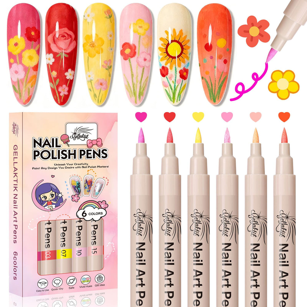 GELLAKTIK 6-color nail art pens set color palette for precise DIY designs.