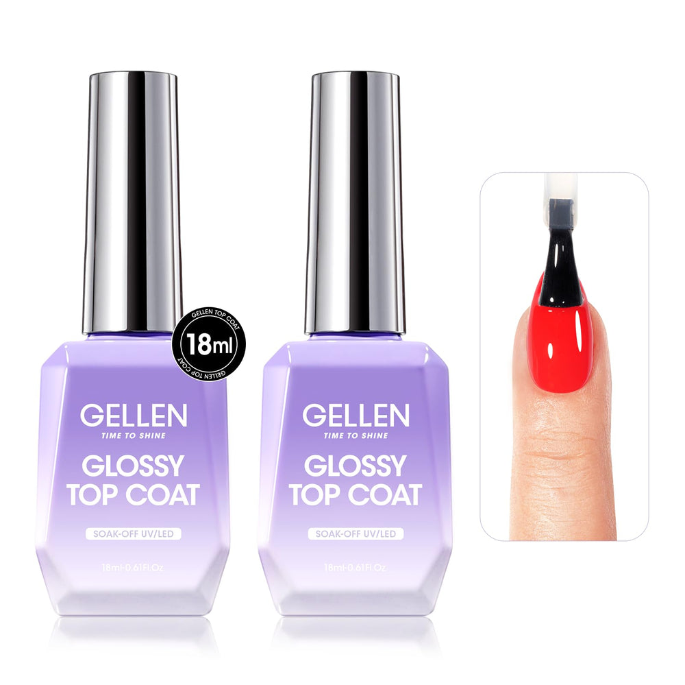 GELLEN 2pc No Wipe Top Coat set offers 18ml bottles with lasting shine.