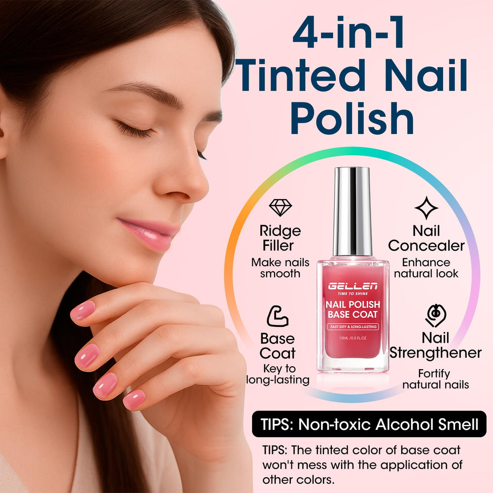 GELLEN 4in1 clear nail polish sheer red tint on nails for natural correction.