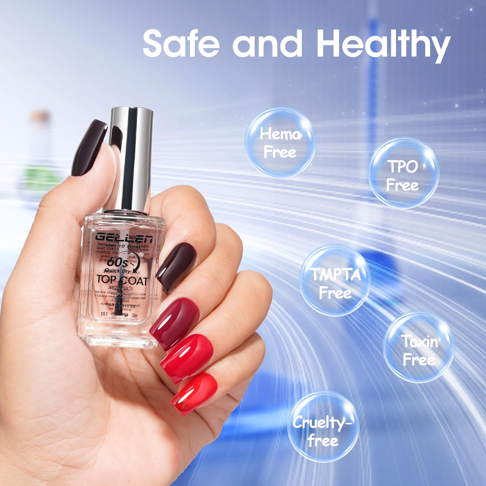 GELLEN top coat bottle with swatch, no chip protection for extended wear.