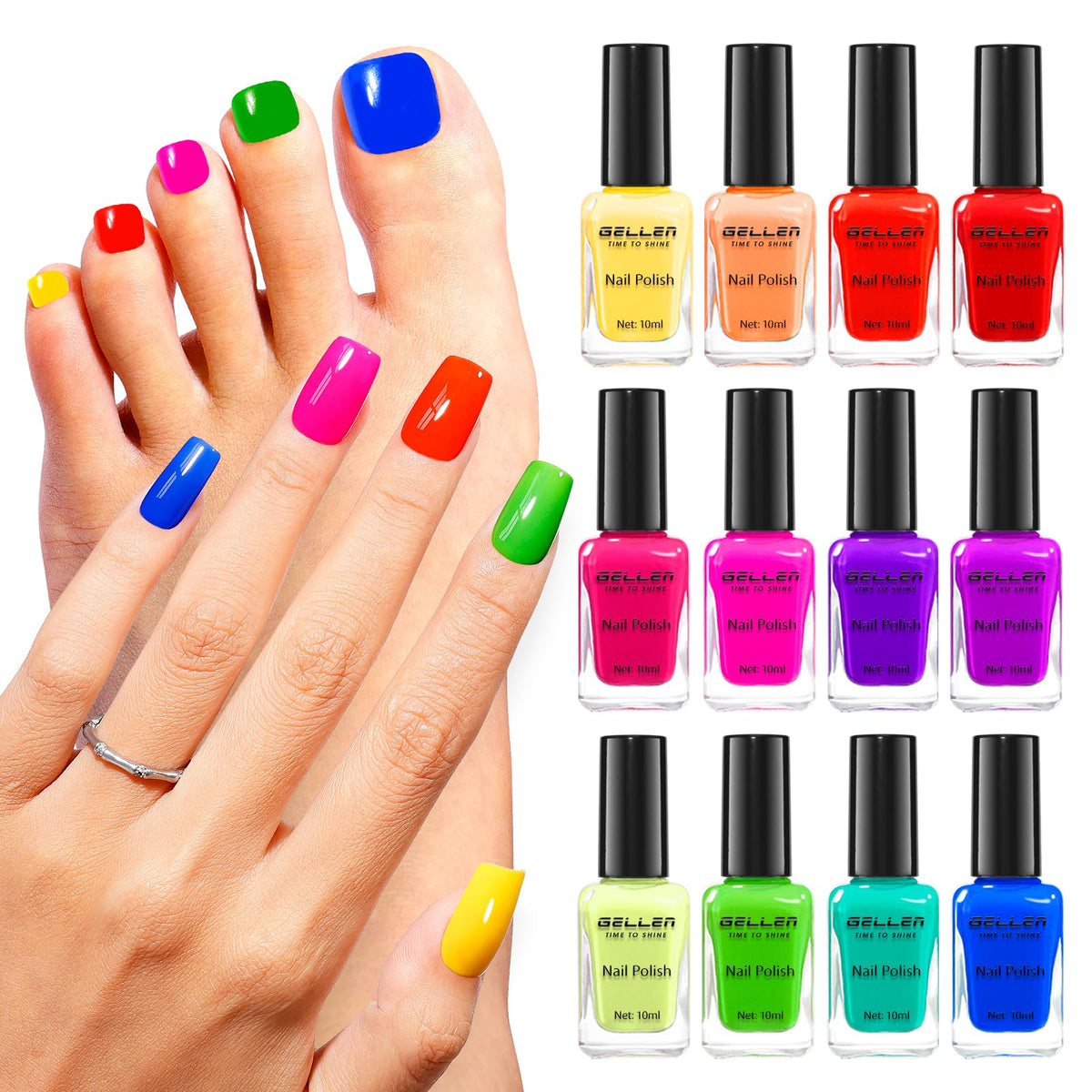 GELLEN Bright Neon nail polish set front view with festival-ready shades.