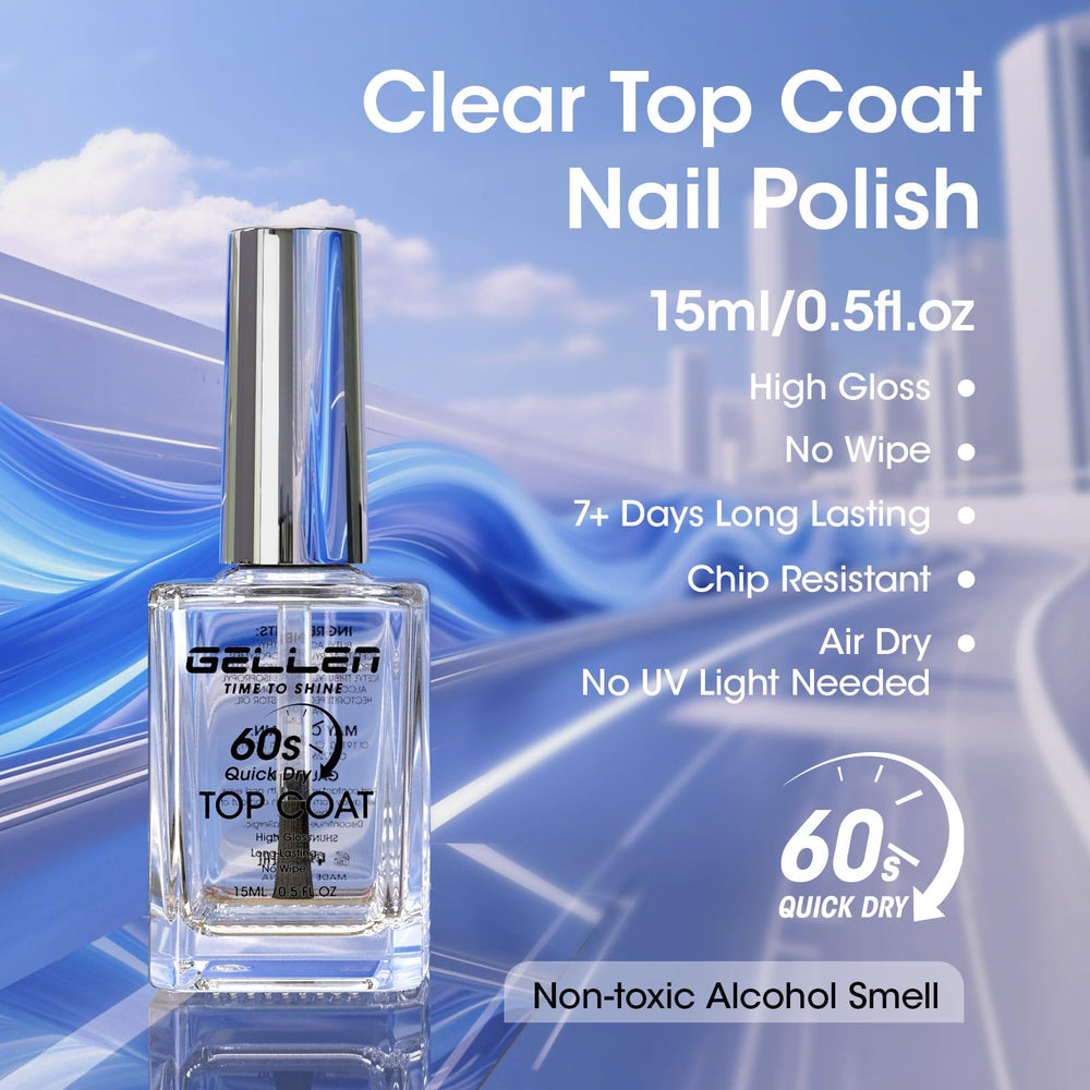 GELLEN Clear Top Coat bottle close-up, no-UV-lamp needed for home use.