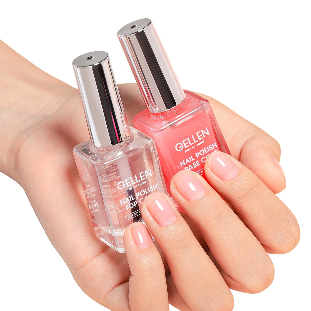 GELLEN clear base coat with sheer pink tint for natural nails and quick-dry shine.