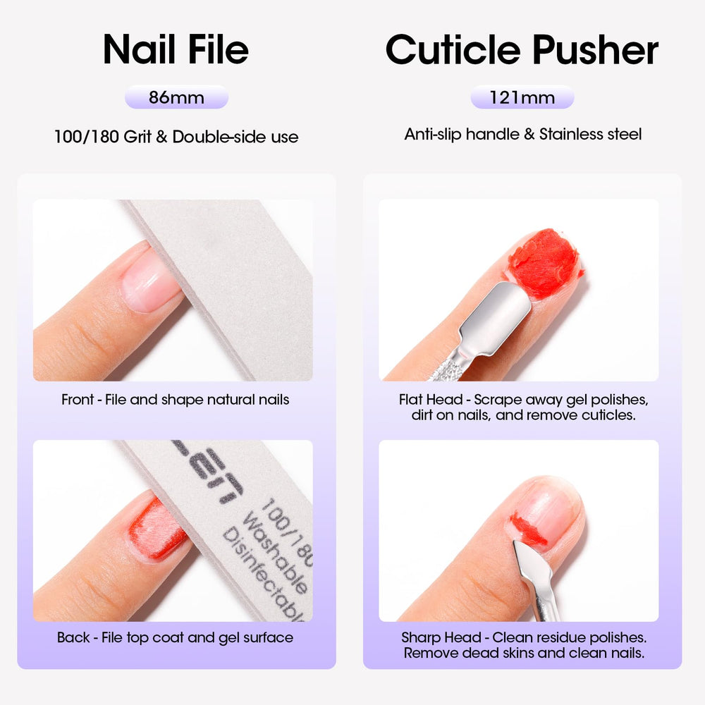 GELLEN included cuticle pusher and nail file; complete home salon kit visual.