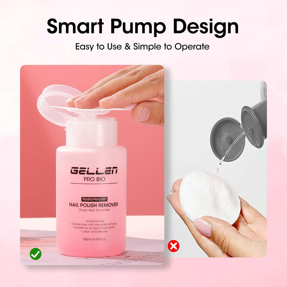GELLEN dual-phase remover bottle shown as it requires shaking to mix.