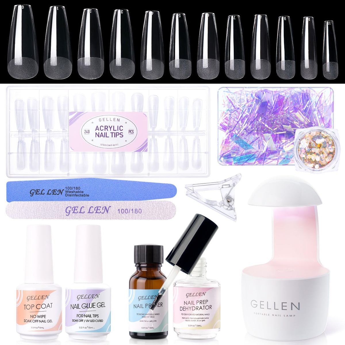 Gellen gel nail kit coffin tips for at-home extensions and salon-like results.