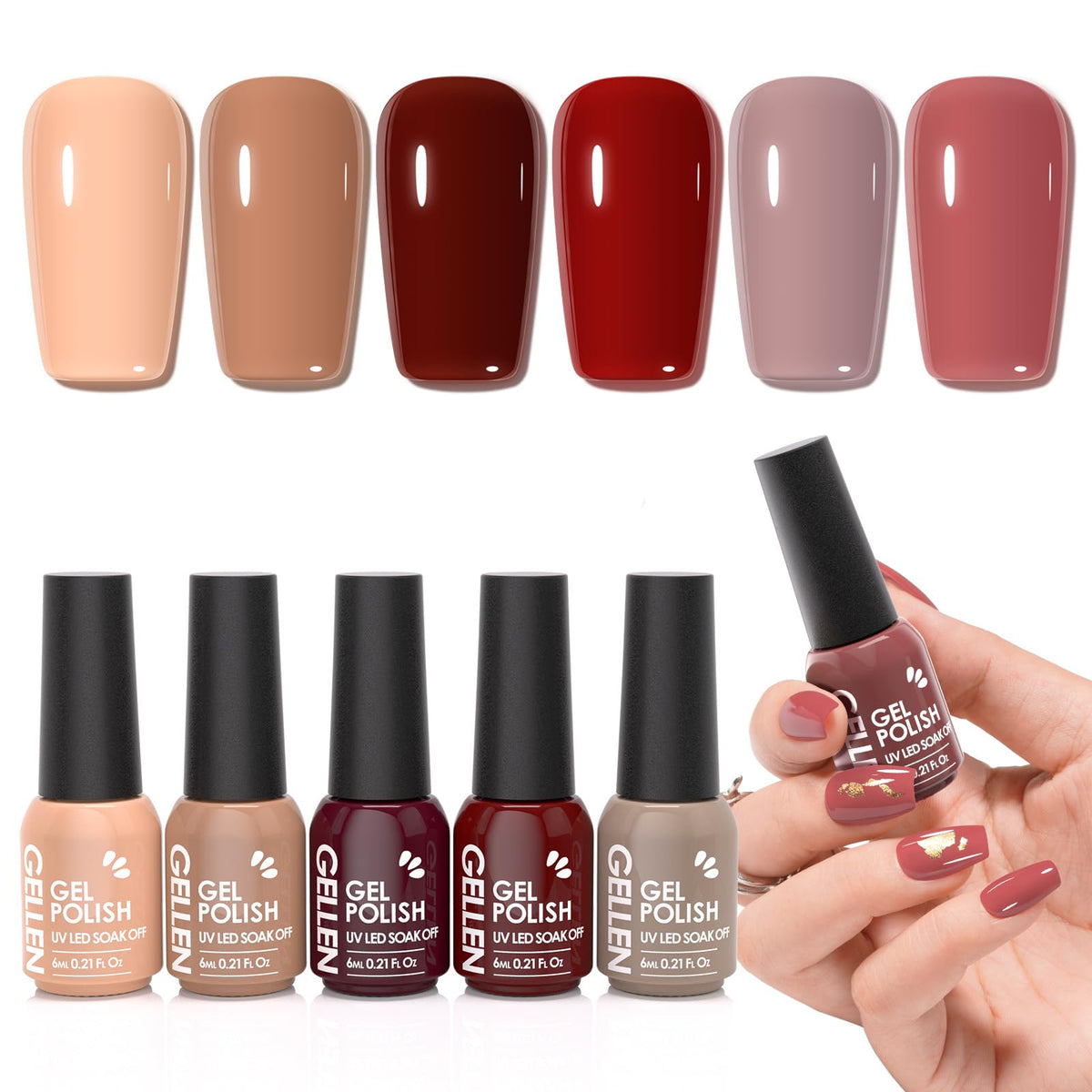 GELLEN gel-nail-polish bottle close-up with red-brown nude pigment for at-home use