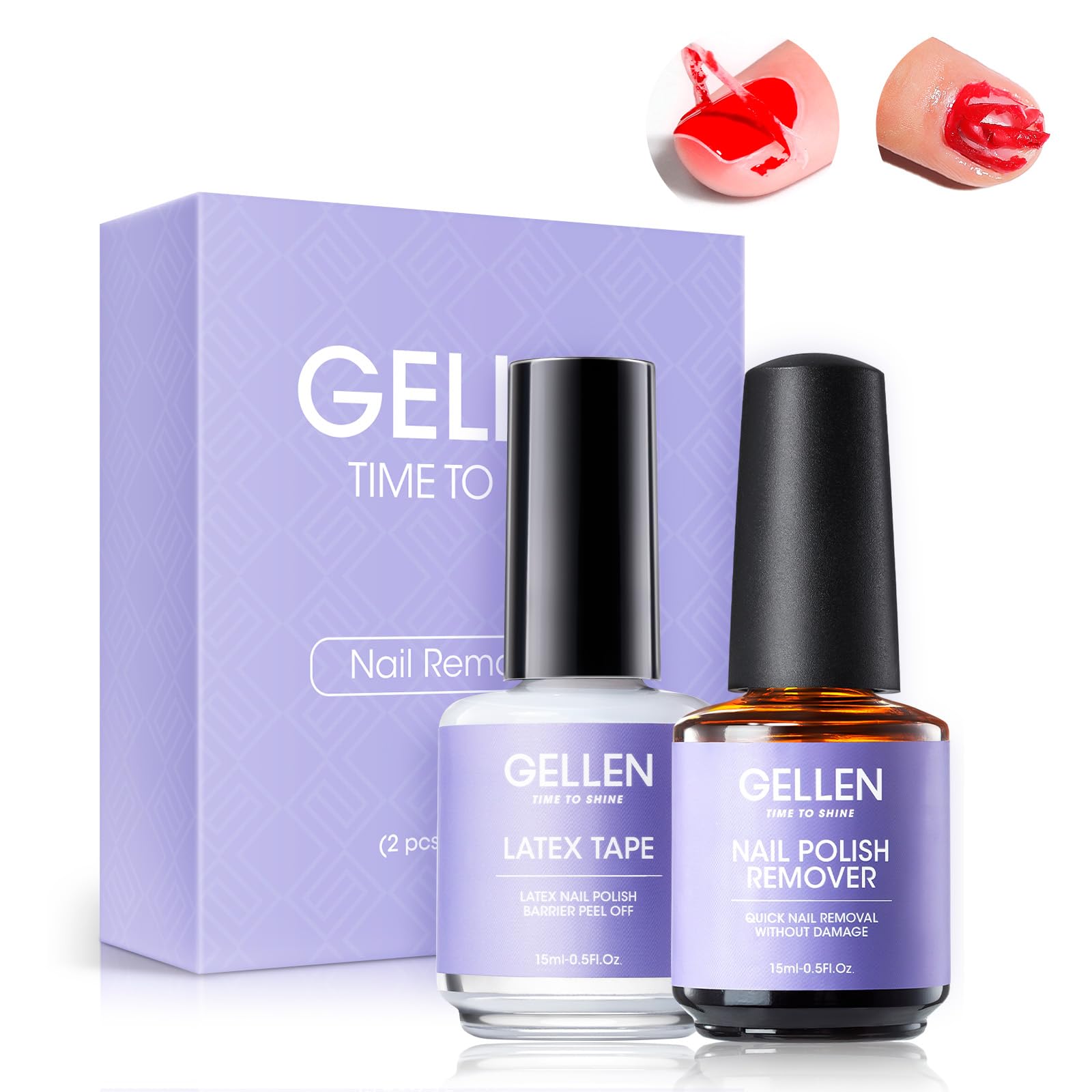 Gellen gel nail remover bottle with latex barrier for quick at-home polish removal.