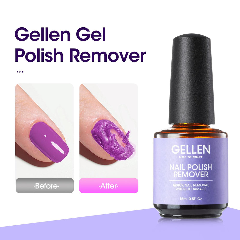 Gellen remover bottle with pour-cap enables fast gel polish removal on the go.