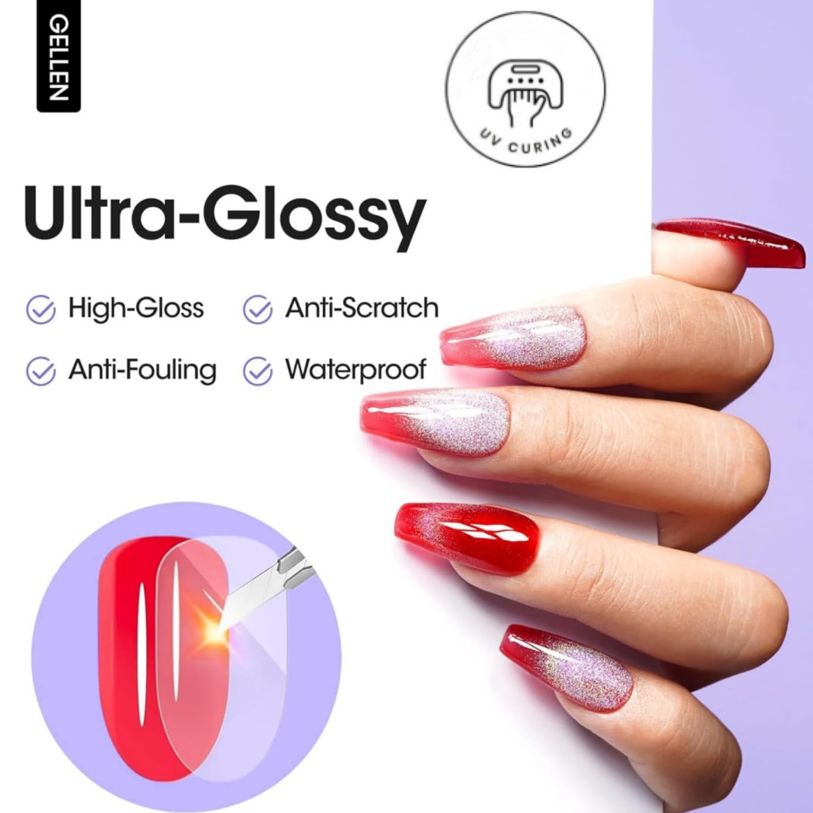 GELLEN gel top coat brush applying a smooth glass-like shine