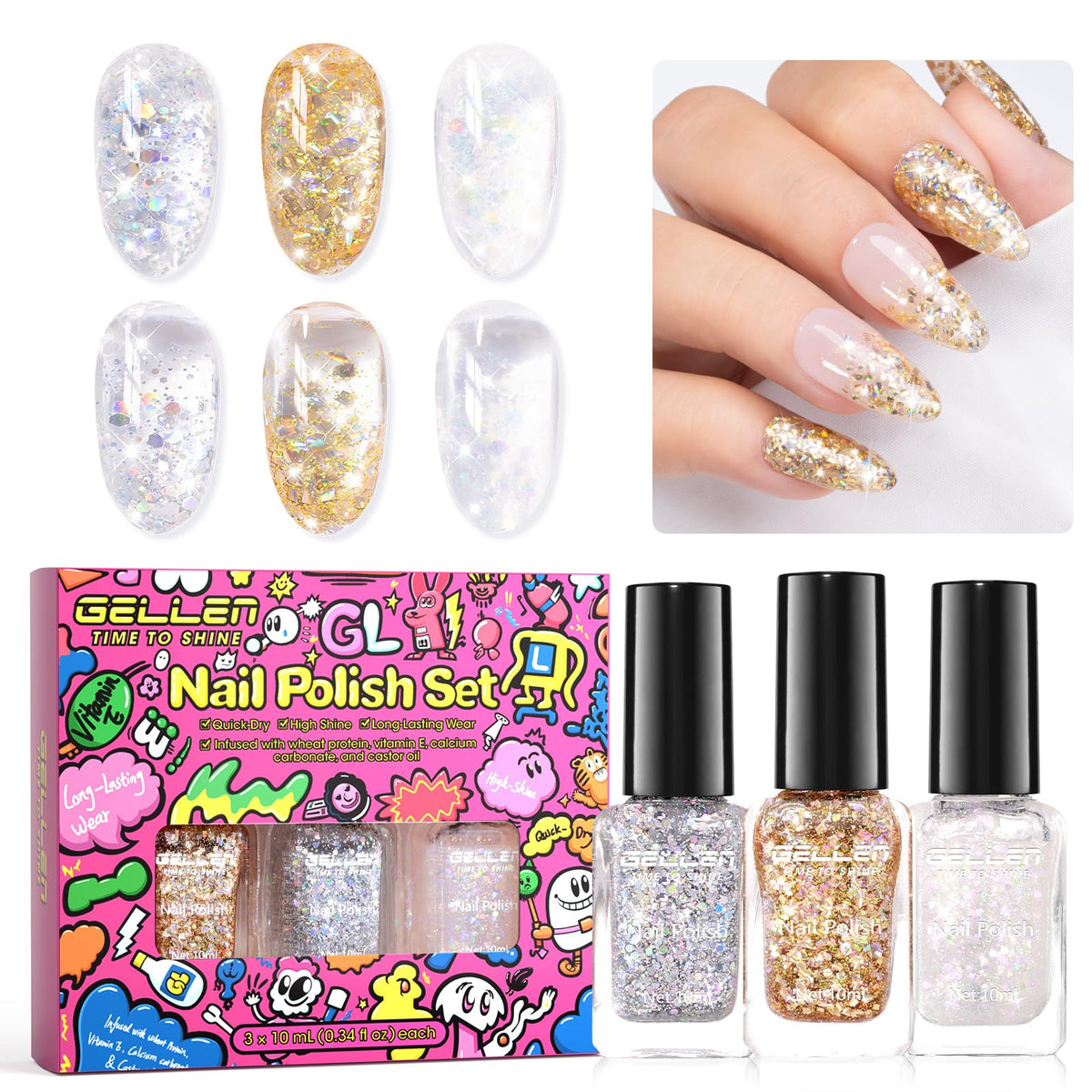 GELLEN glitter nail polish set in silver and gold for festive, light-catching nails