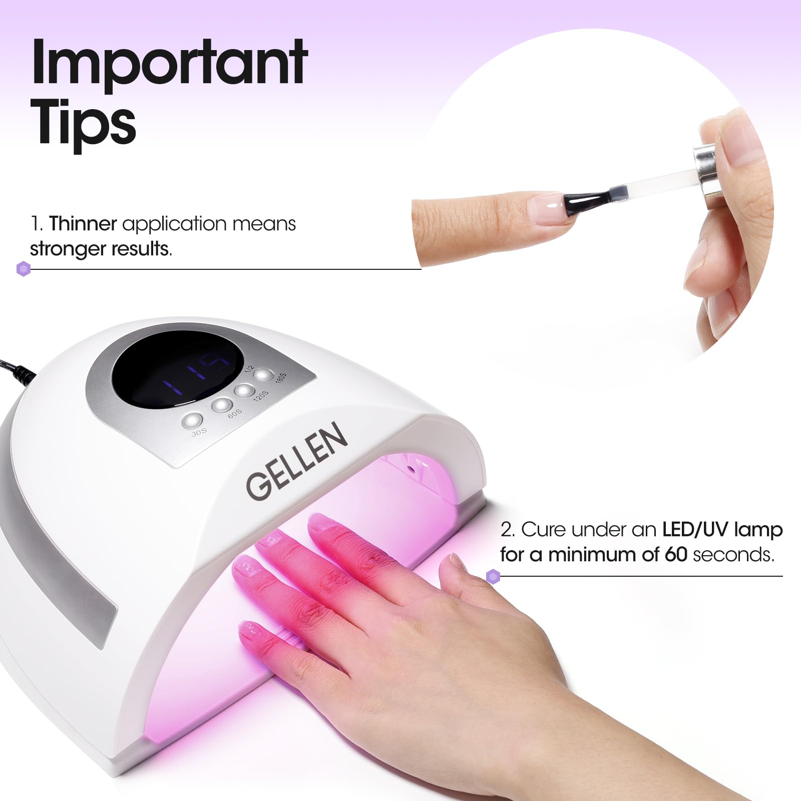 GELLEN guide shows 60-second LED/UV cure time for top coat.