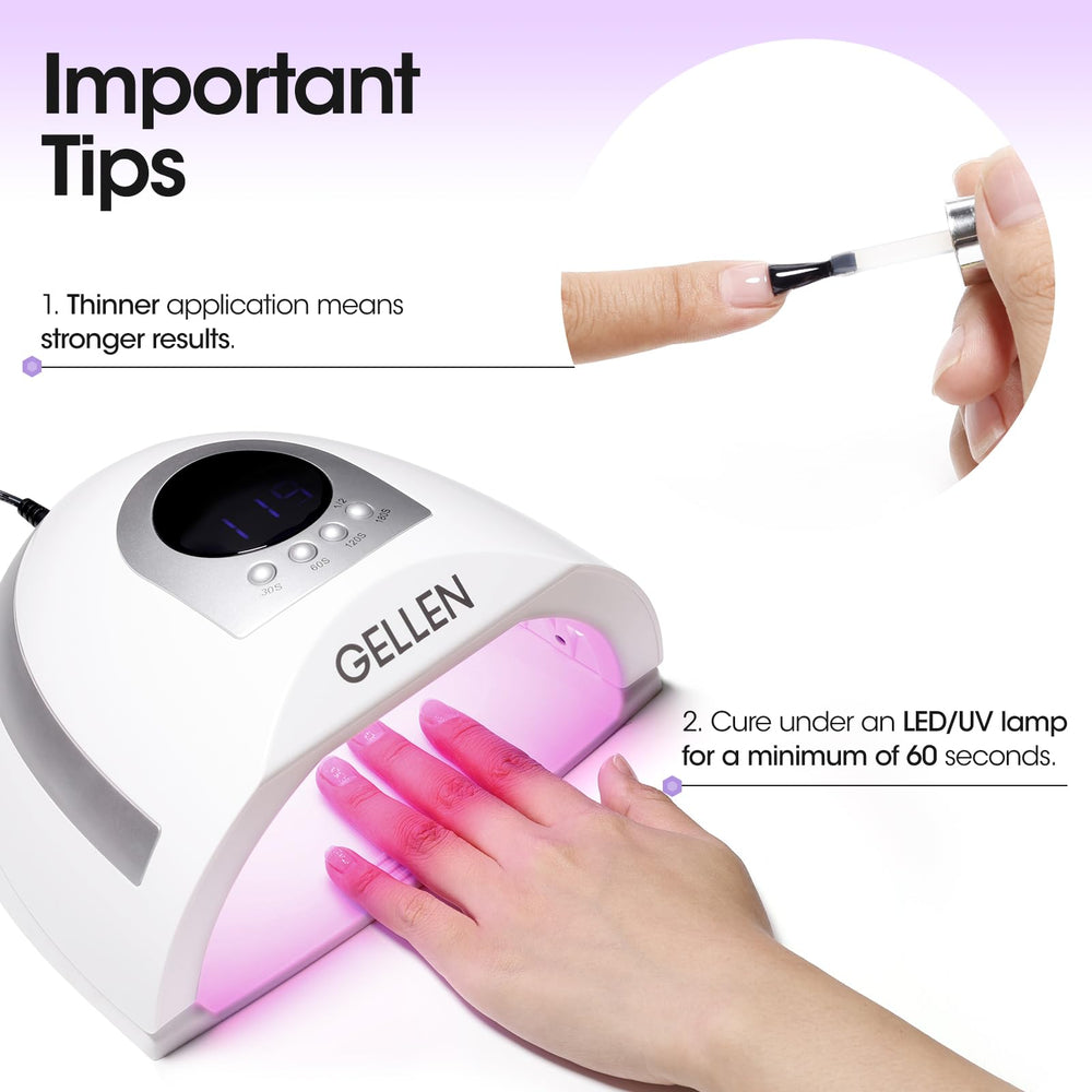 GELLEN guide shows 60-second LED/UV cure time for top coat.