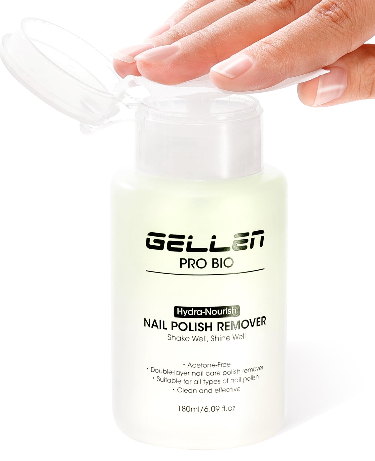 GELLEN dual-phase nail polish remover bottle close-up highlighting a nourishing formula