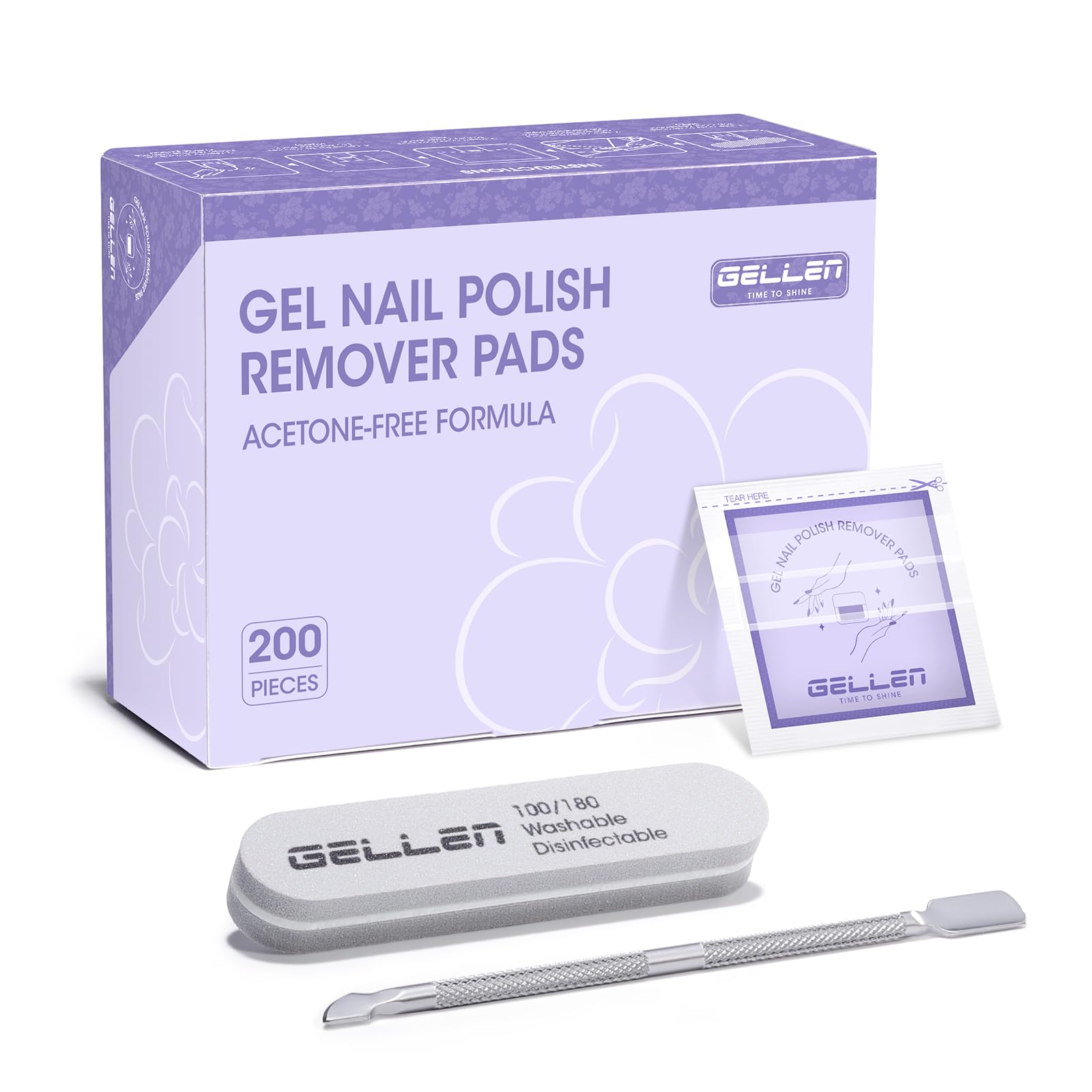 GELLEN nail polish remover pad lavender oil packaging; gentle hydration for nails.