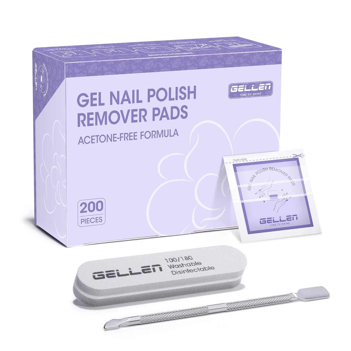 GELLEN nail polish remover pad lavender oil packaging; gentle hydration for nails.