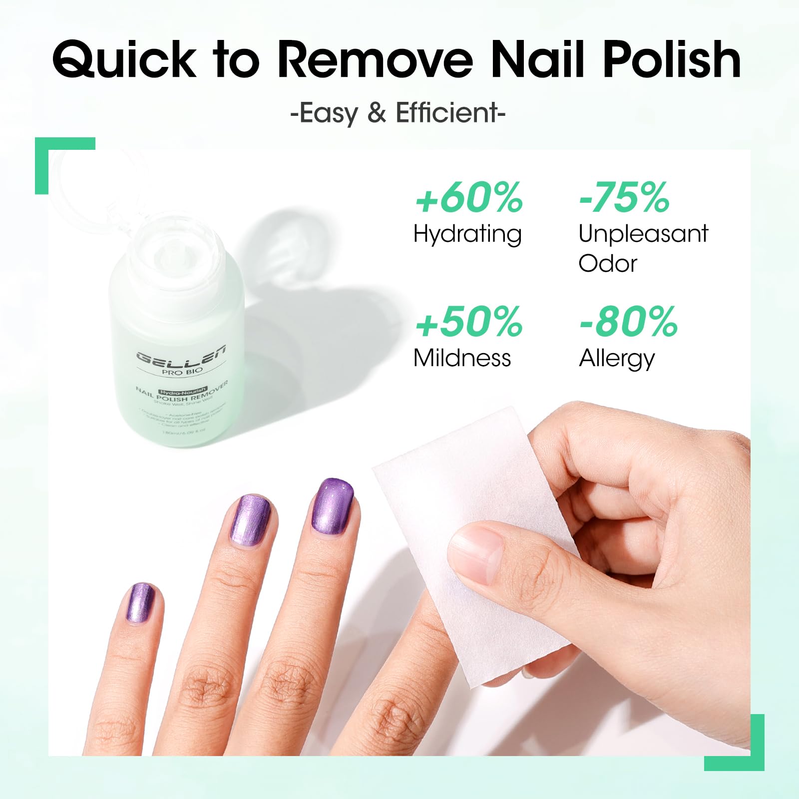 GELLEN quick removal claim overlay indicates fast polish removal with no residue.