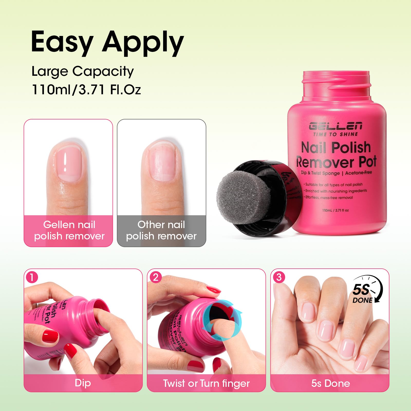 GELLEN close-up of quick removal for regular polish in 5-9 seconds