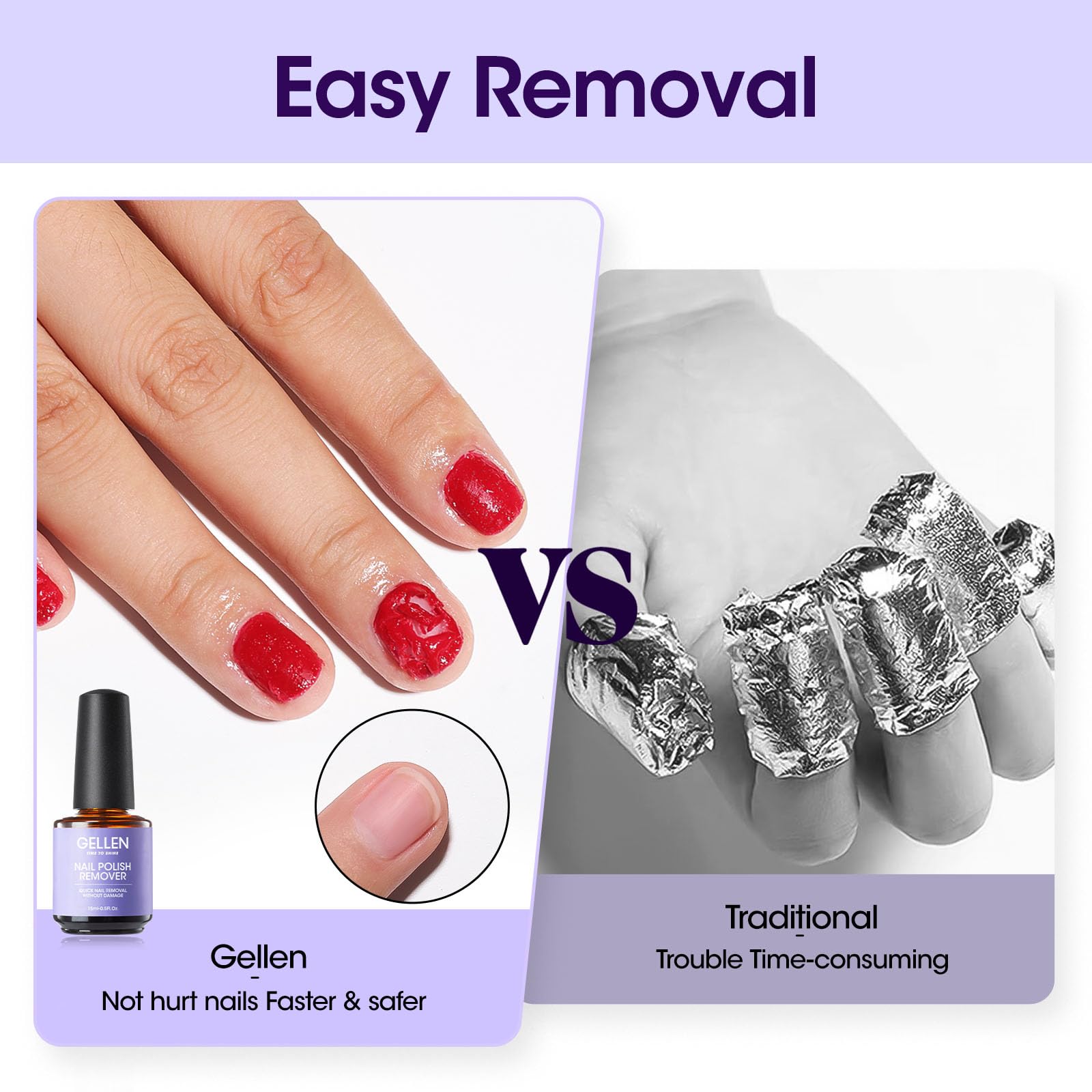 Nails shown after removal with smooth natural finish using Gellen remover.