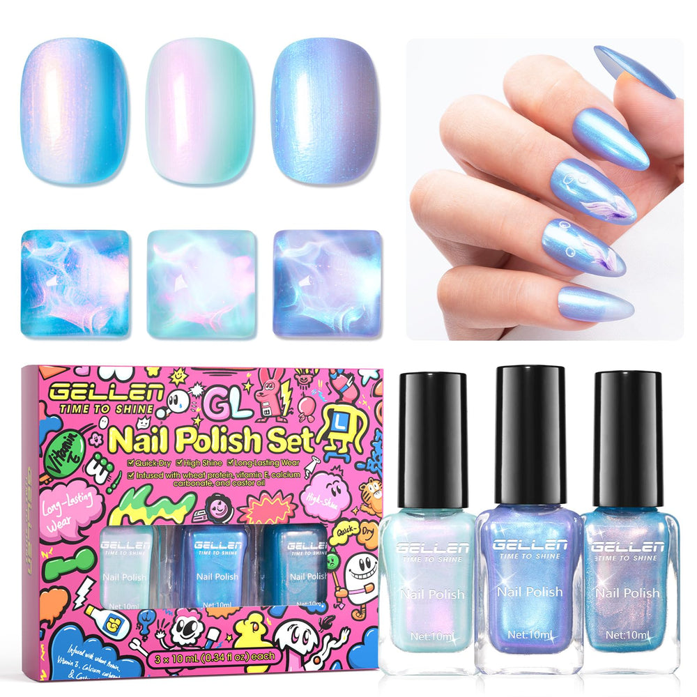 GELLEN Pearl Nail Polish Set pastel blue ombre for a soft shimmering home manicure.