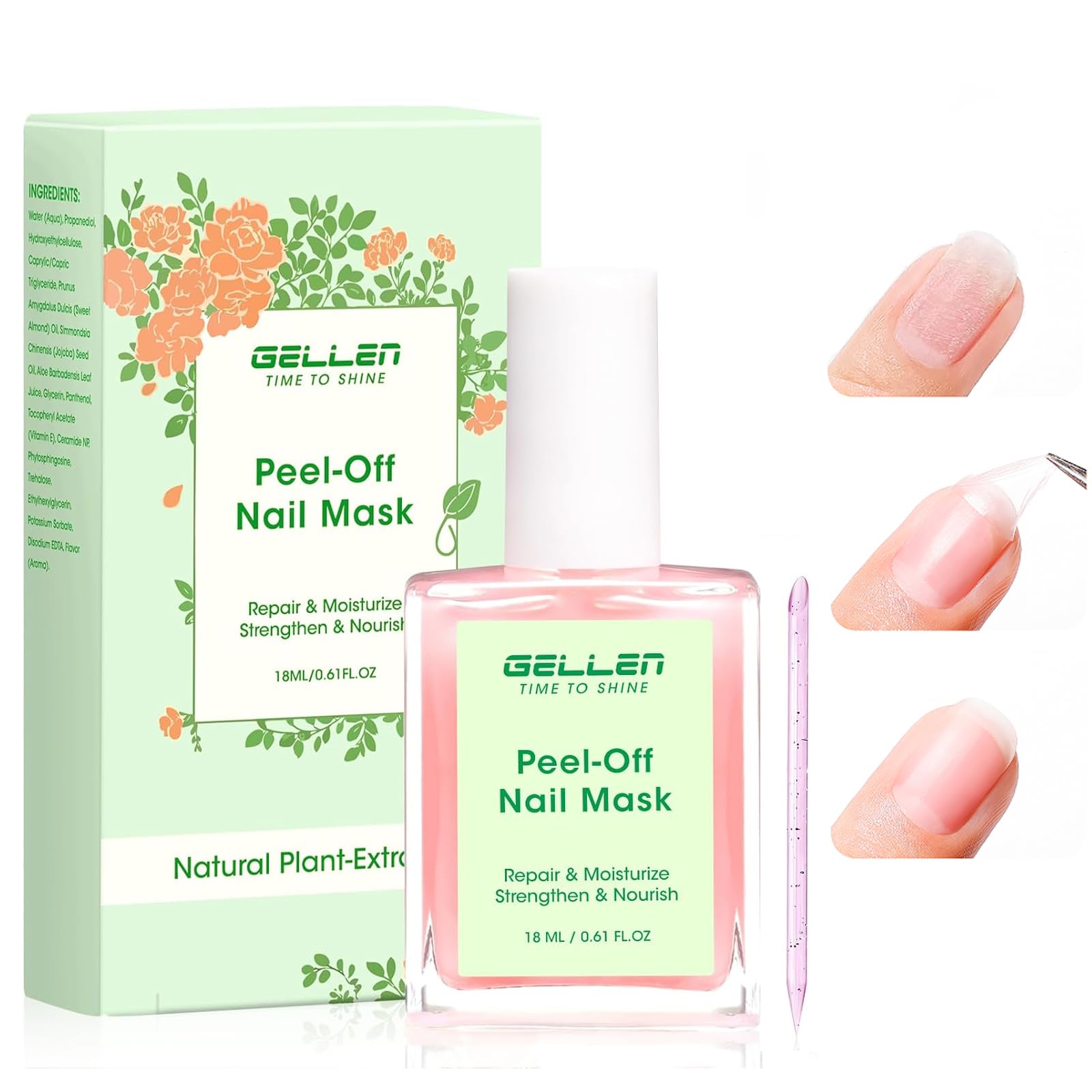 GELLEN peelable nail-strengthener mask bottle close-up showing nourishment and repair
