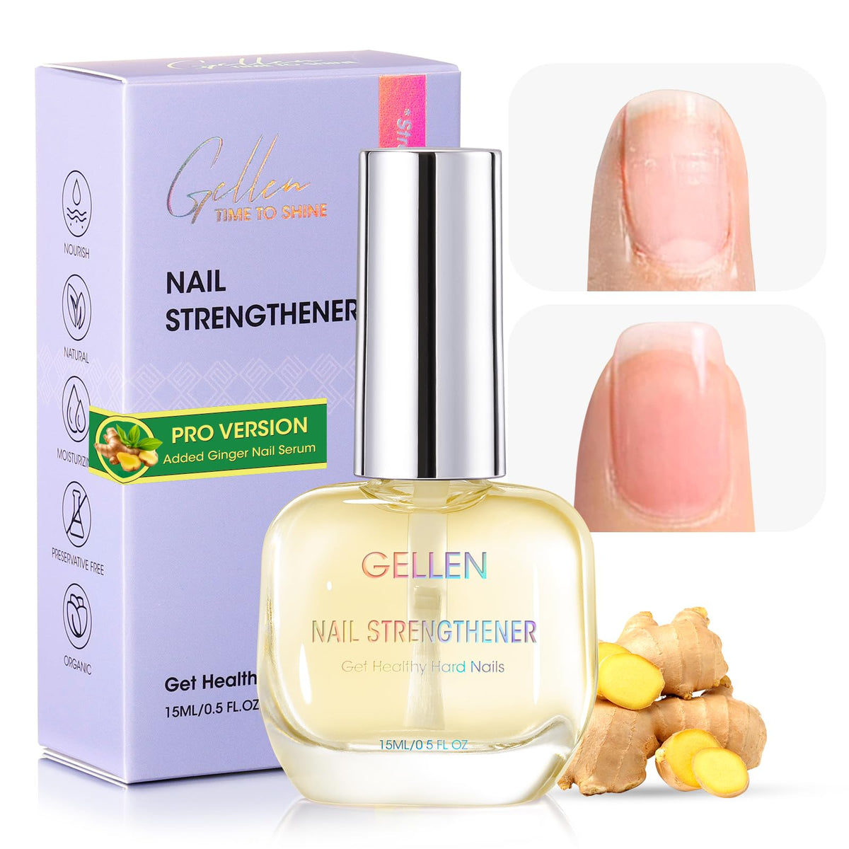 GELLEN Pro Care Ginger Nail Strengthener bottle strengthens brittle nails.