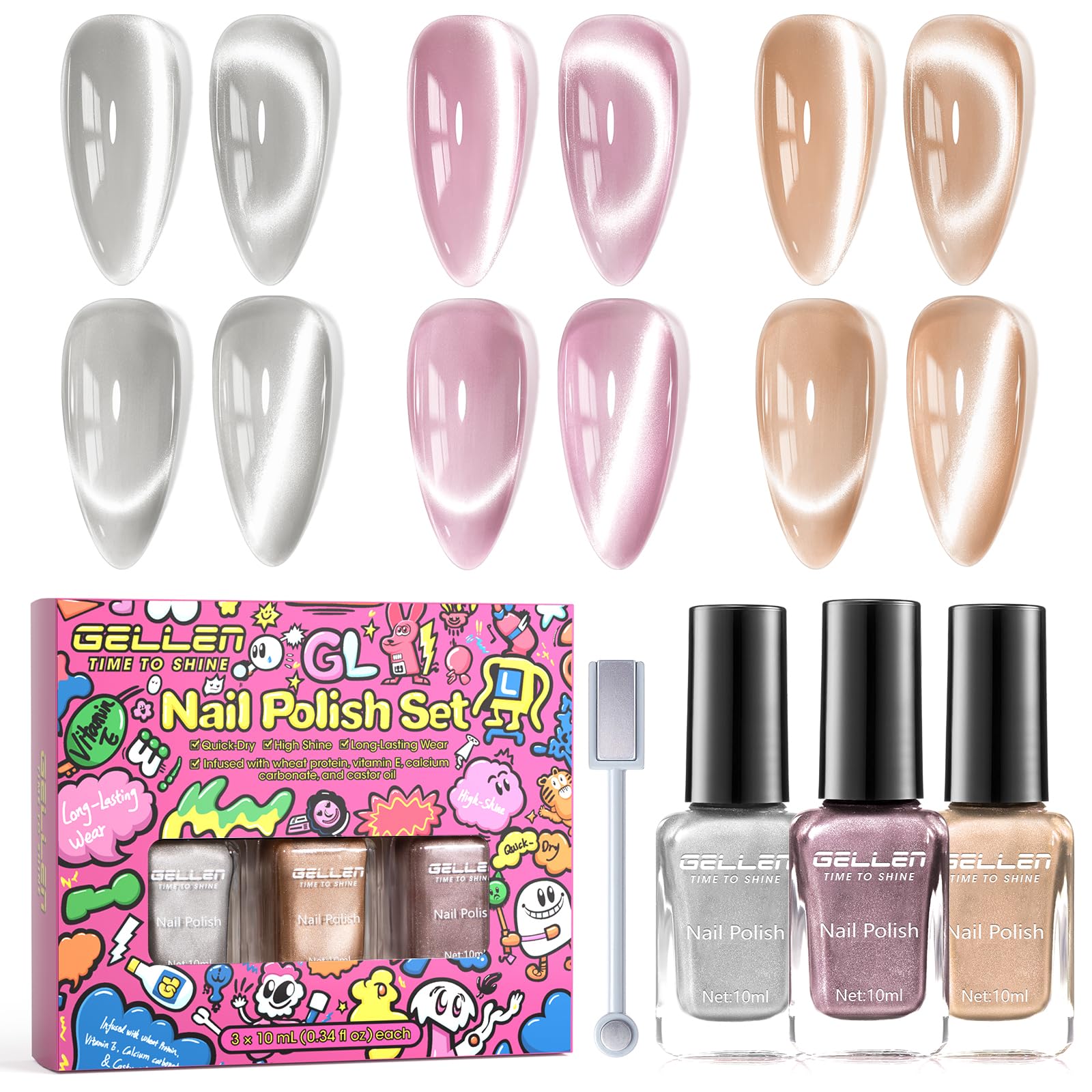 GELLEN Quick Dry Cat Eye Kit box with magnet showcases shimmering 3D effects.