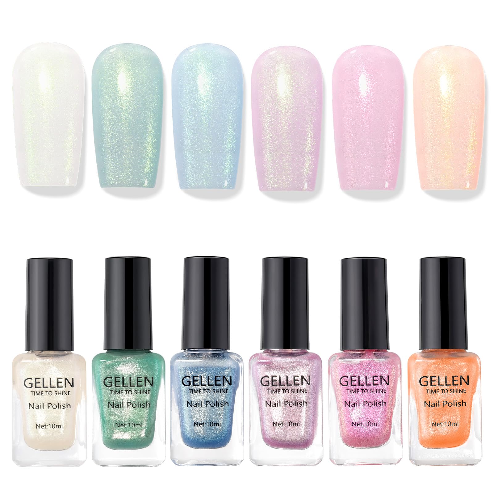 GELLEN Shimmer Pastel nail polish collection with six colors for quick-dry, long-lasting nails.