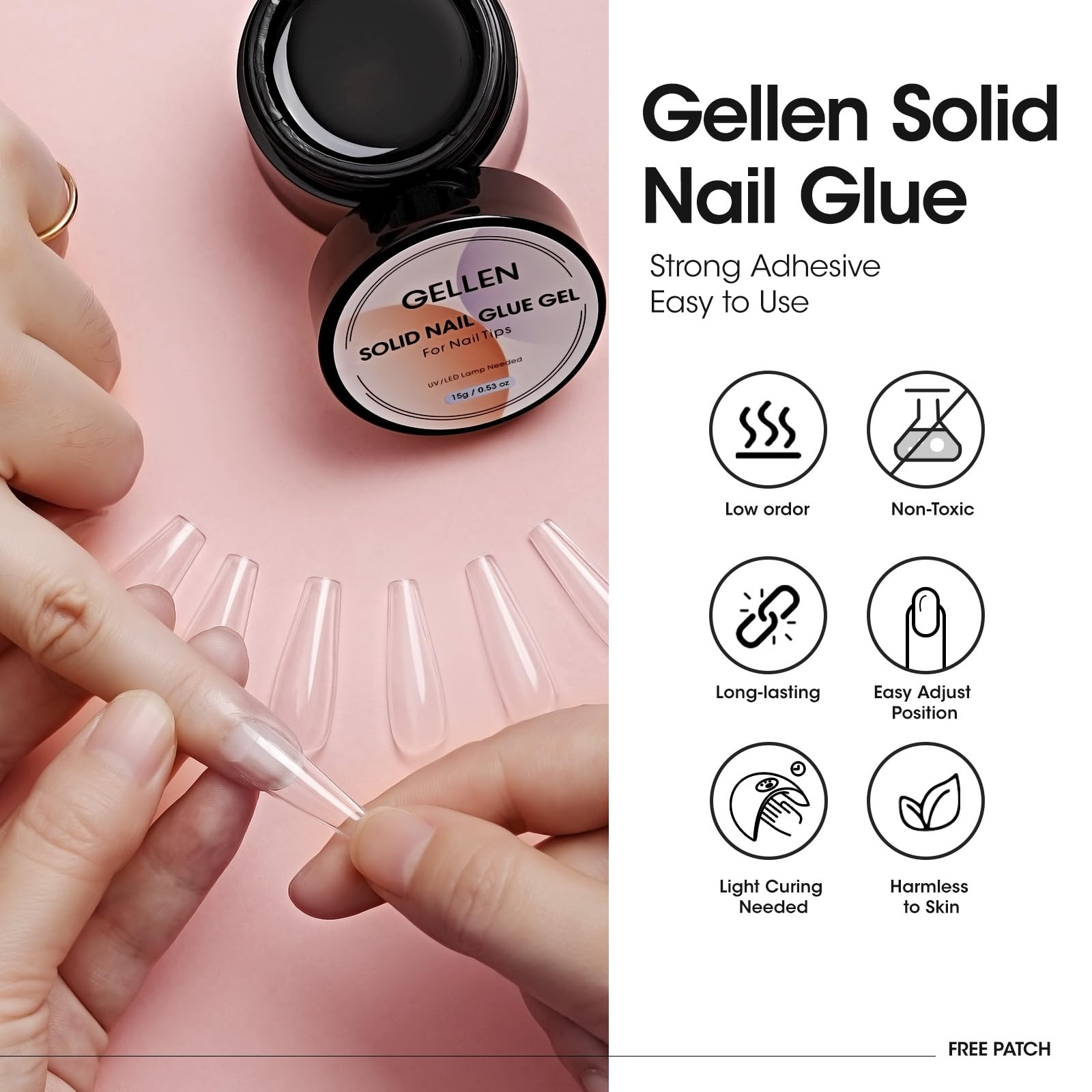 GELLEN solid nail glue during application for bubble-free placement.