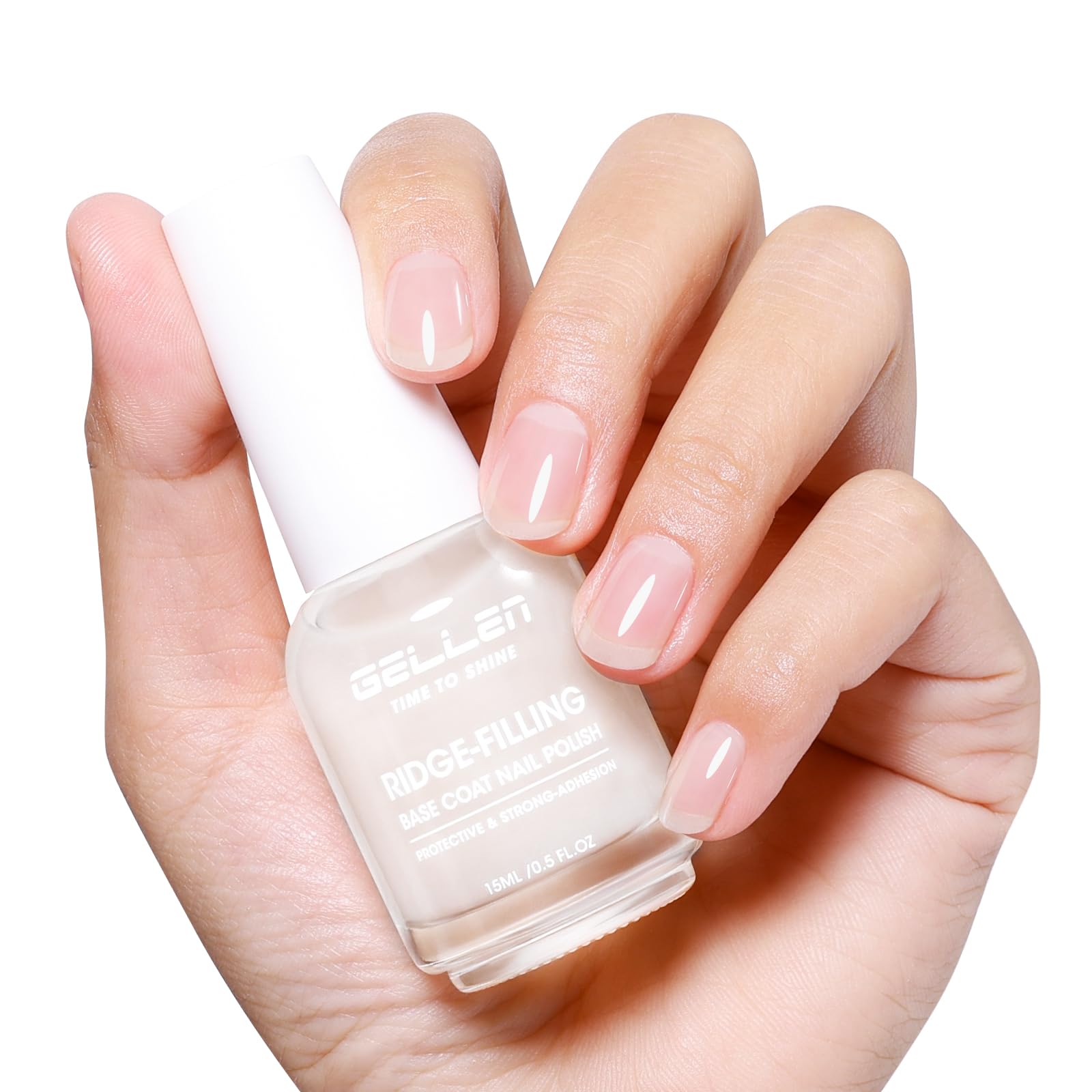 GELLEN tinted milky white ridge filler bottle showing natural look and nail protection