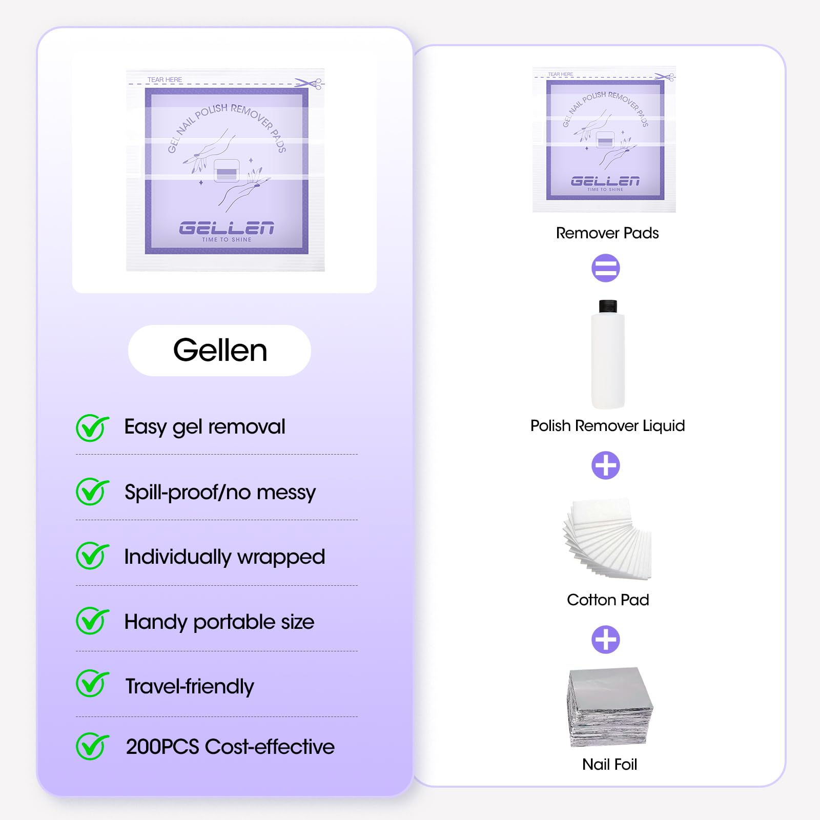 GELLEN vegan cruelty-free remover pads; non-toxic formula for safe home use.
