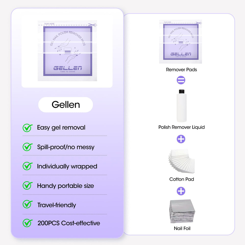 GELLEN vegan cruelty-free remover pads; non-toxic formula for safe home use.