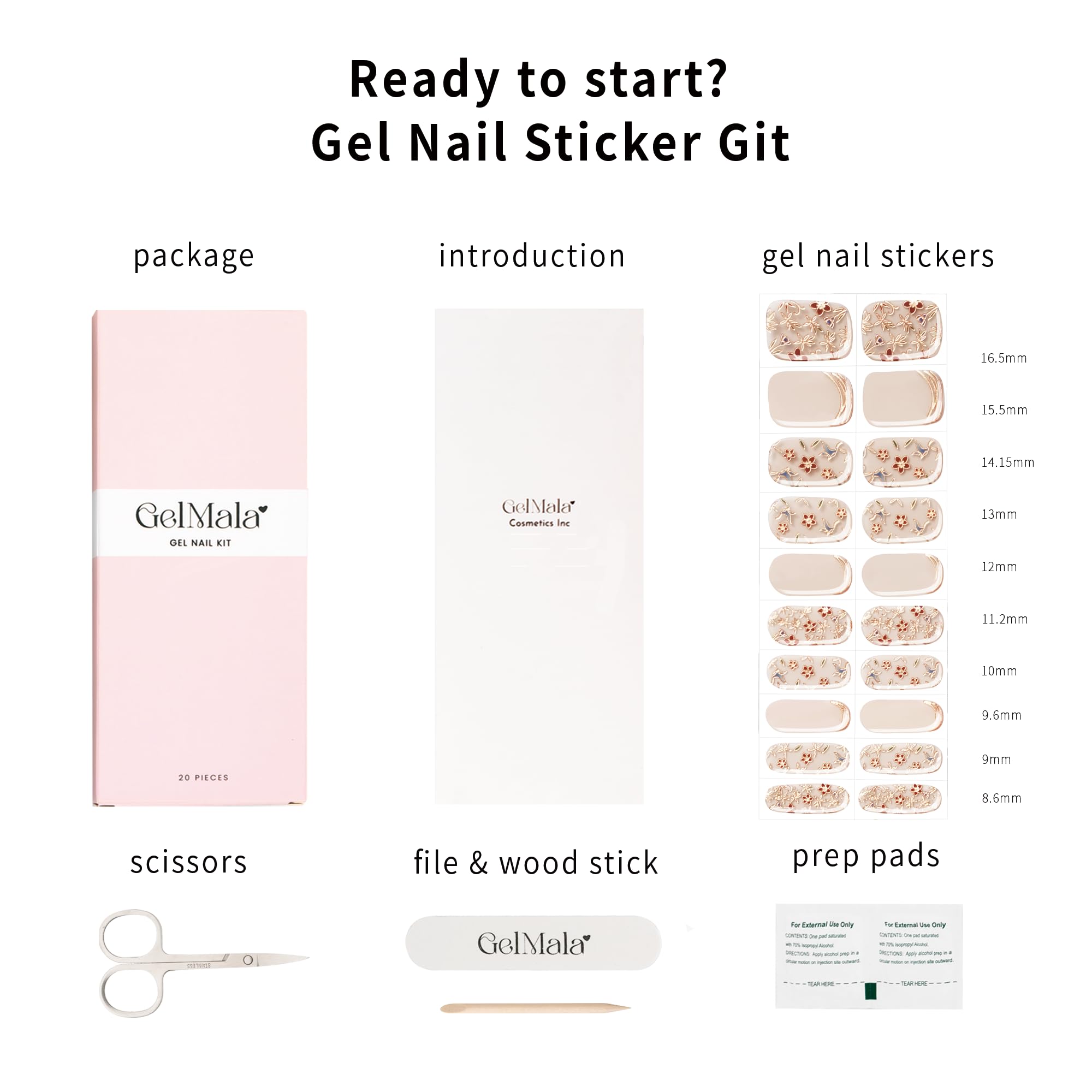 GelMala kit contents include 20 semi-cured strips for versatile looks.