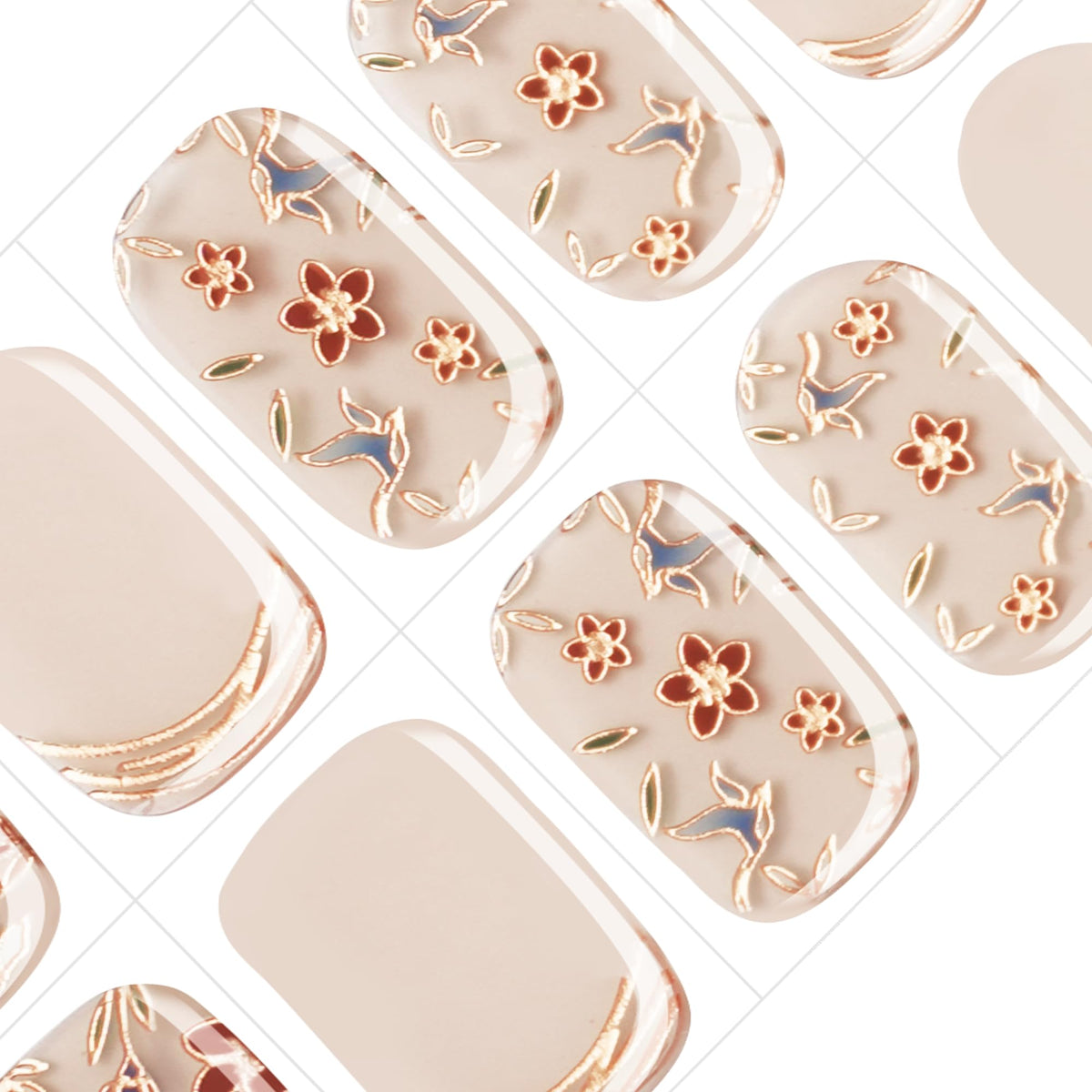 GelMala semi-cured gel nail strips in oriental design for salon-grade nails.