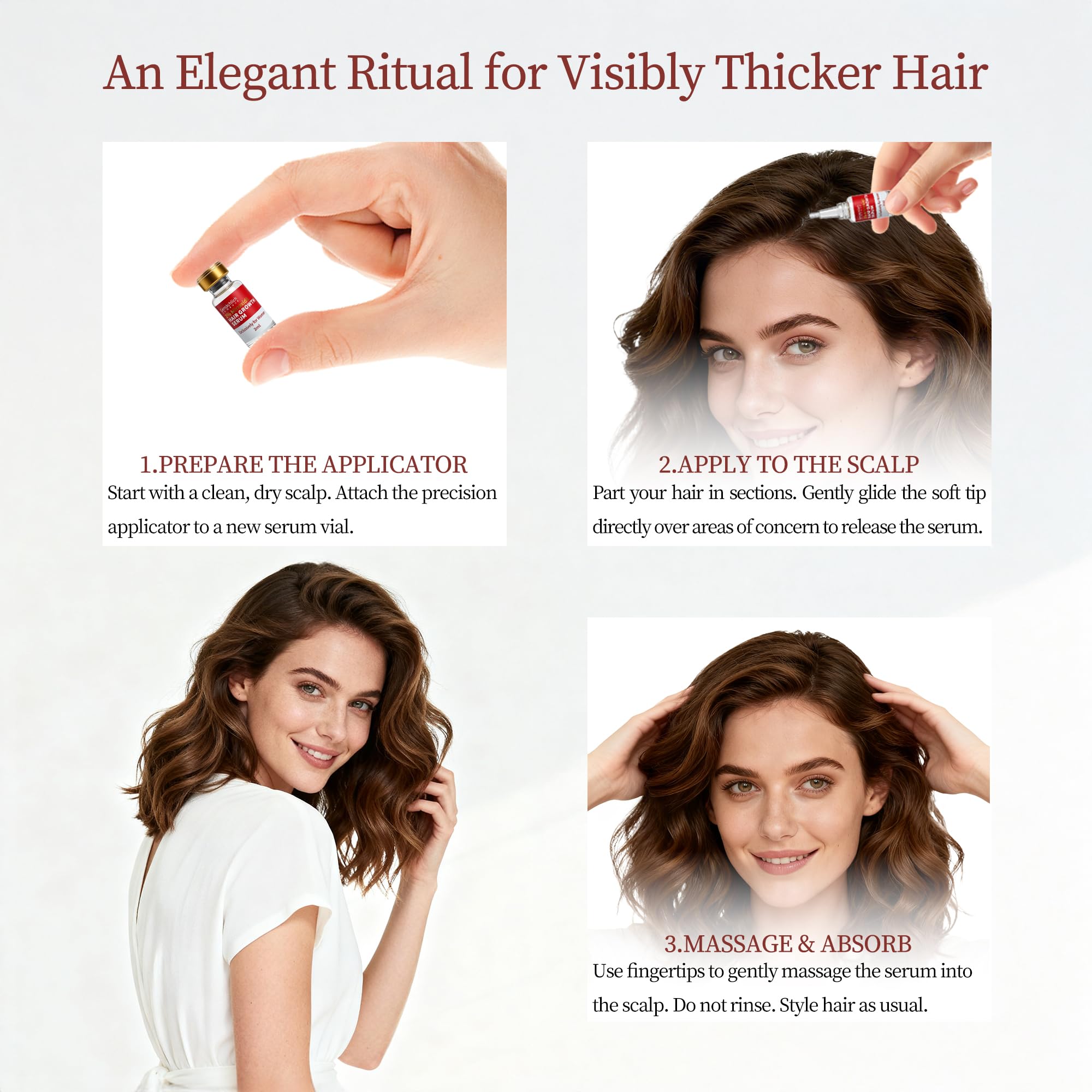 Gemächlich Zu Hause hair thickening effect shown with daily use routine.
