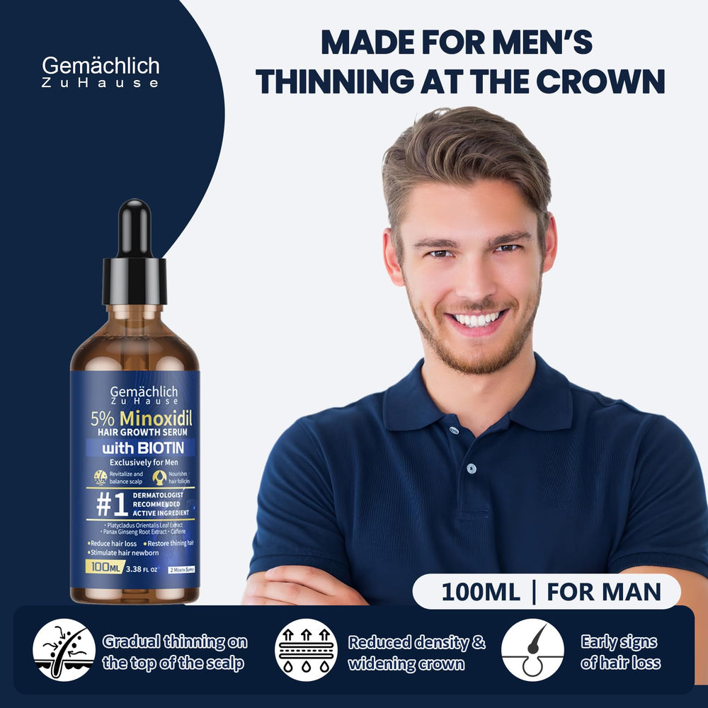 Gemächlich Zu Hause Minoxidil serum dispensing with a clean dropper in view.