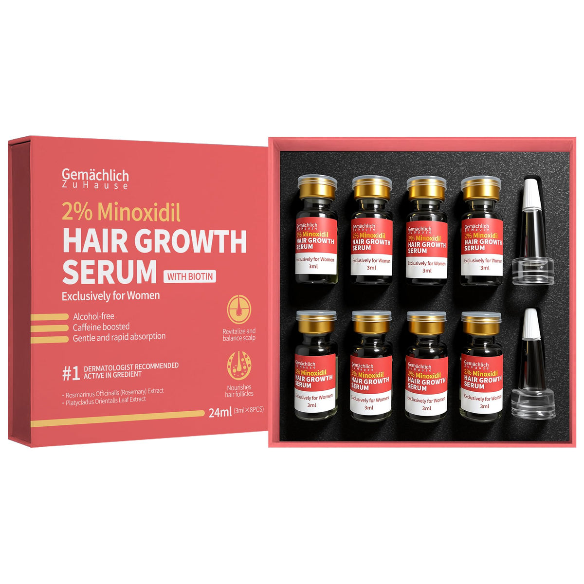 Gemächlich Zu Hause Minoxidil for Women bottle pouring for easy, mess-free application.