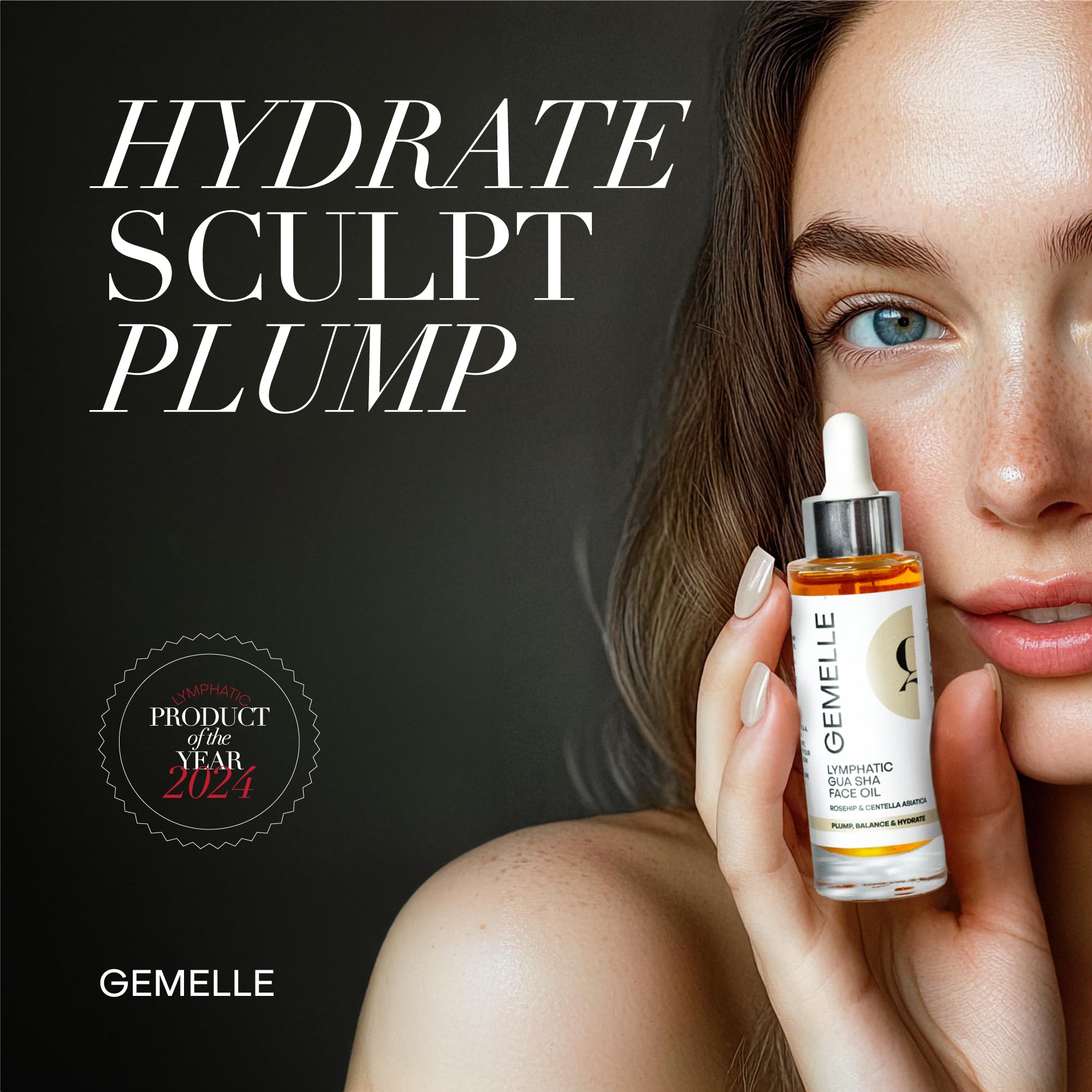GEMELLE Lymphatic Gua Sha Oil close-up for luxurious tool-assisted application.