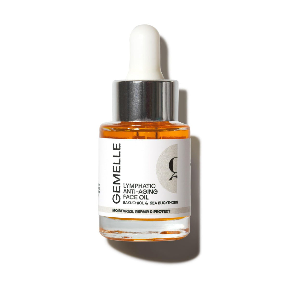 Gemelle Lymphatic Oil bottle ready for daily facial massage and care.