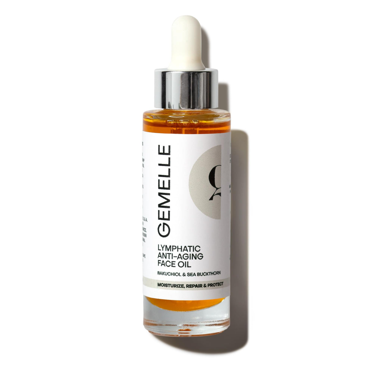 Gemelle Lymphatic Oil bottle—luxurious botanical moisturizer for daily facial hydration.