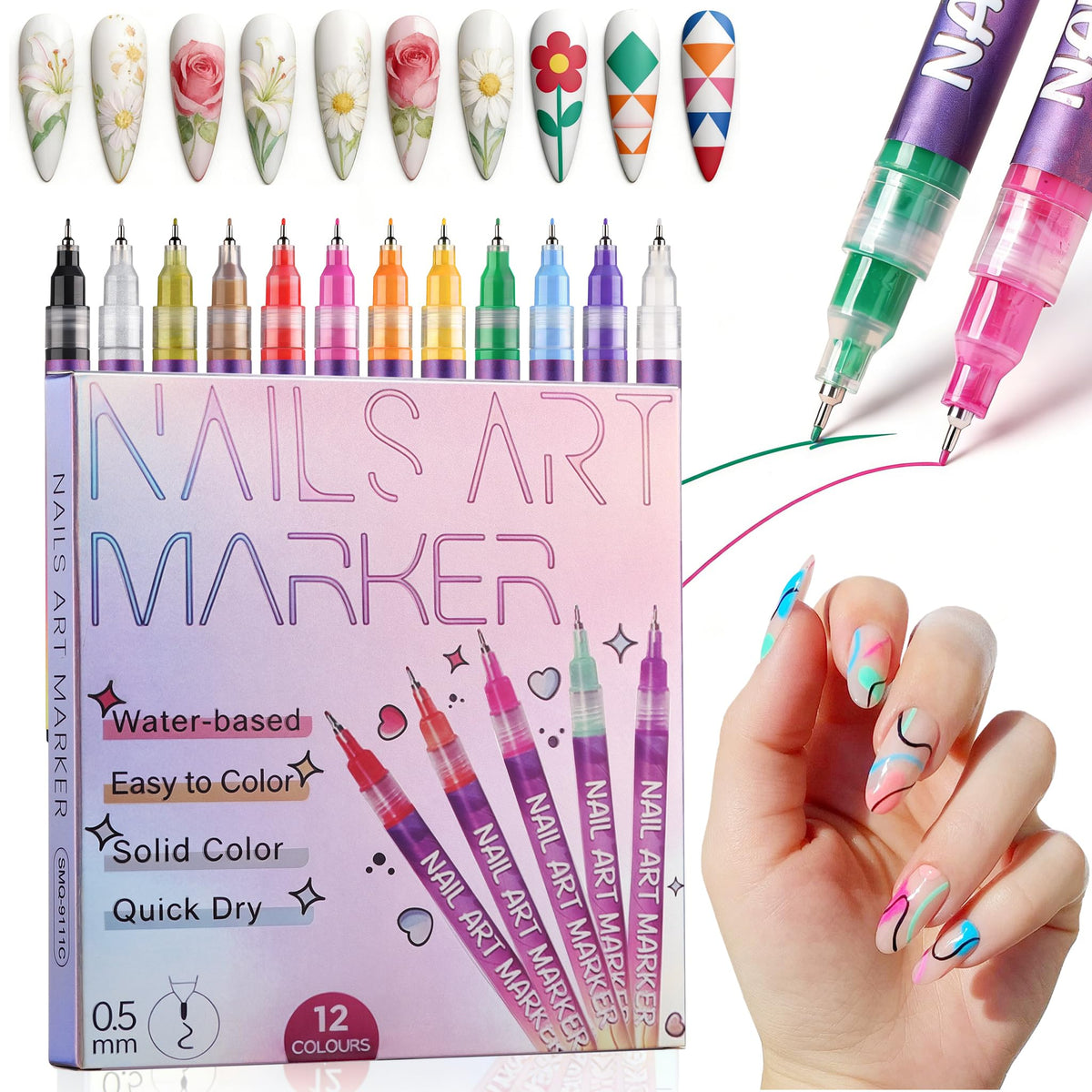 Gemsanva 12 colors nail art pens kit front with vibrant shades for creative designs