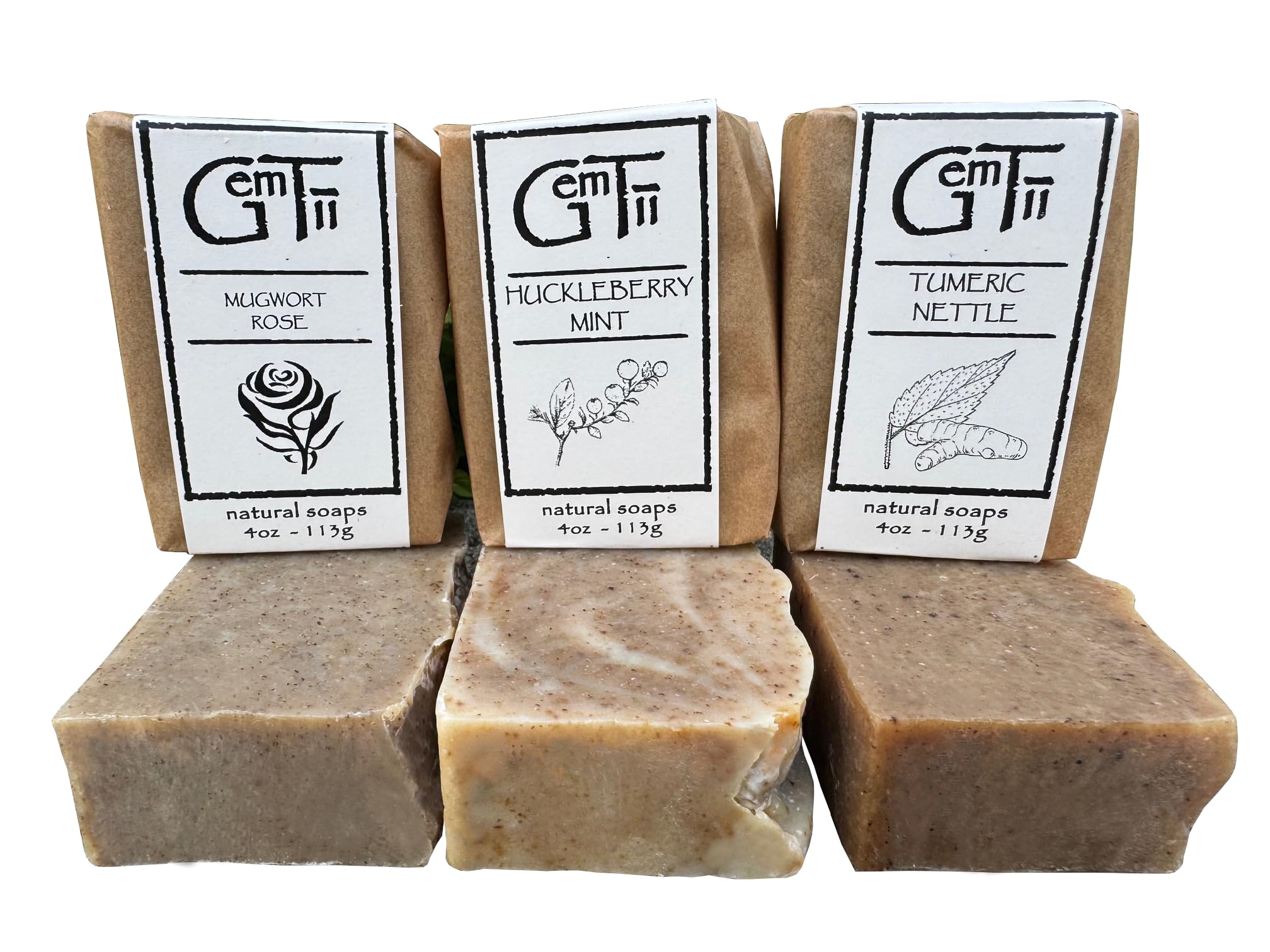 GemTii three-pack display front with natural, handcrafted soaps for daily cleansing.