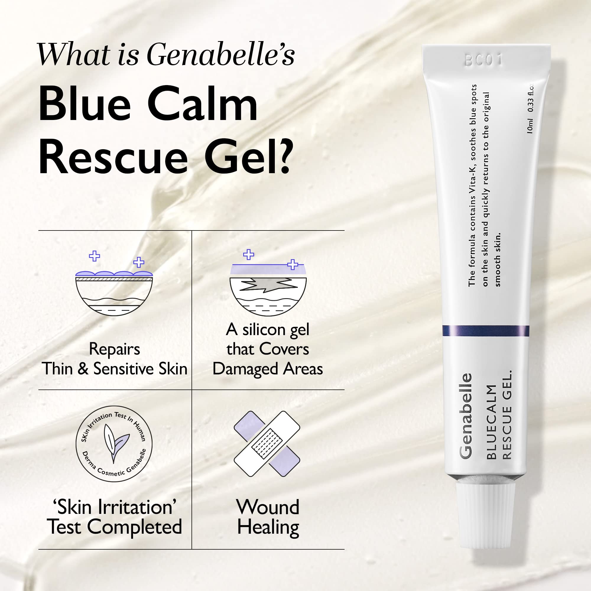 Genabelle Vita-K Rescue Gel packaging emphasizes clean lines and trust for post-procedure care