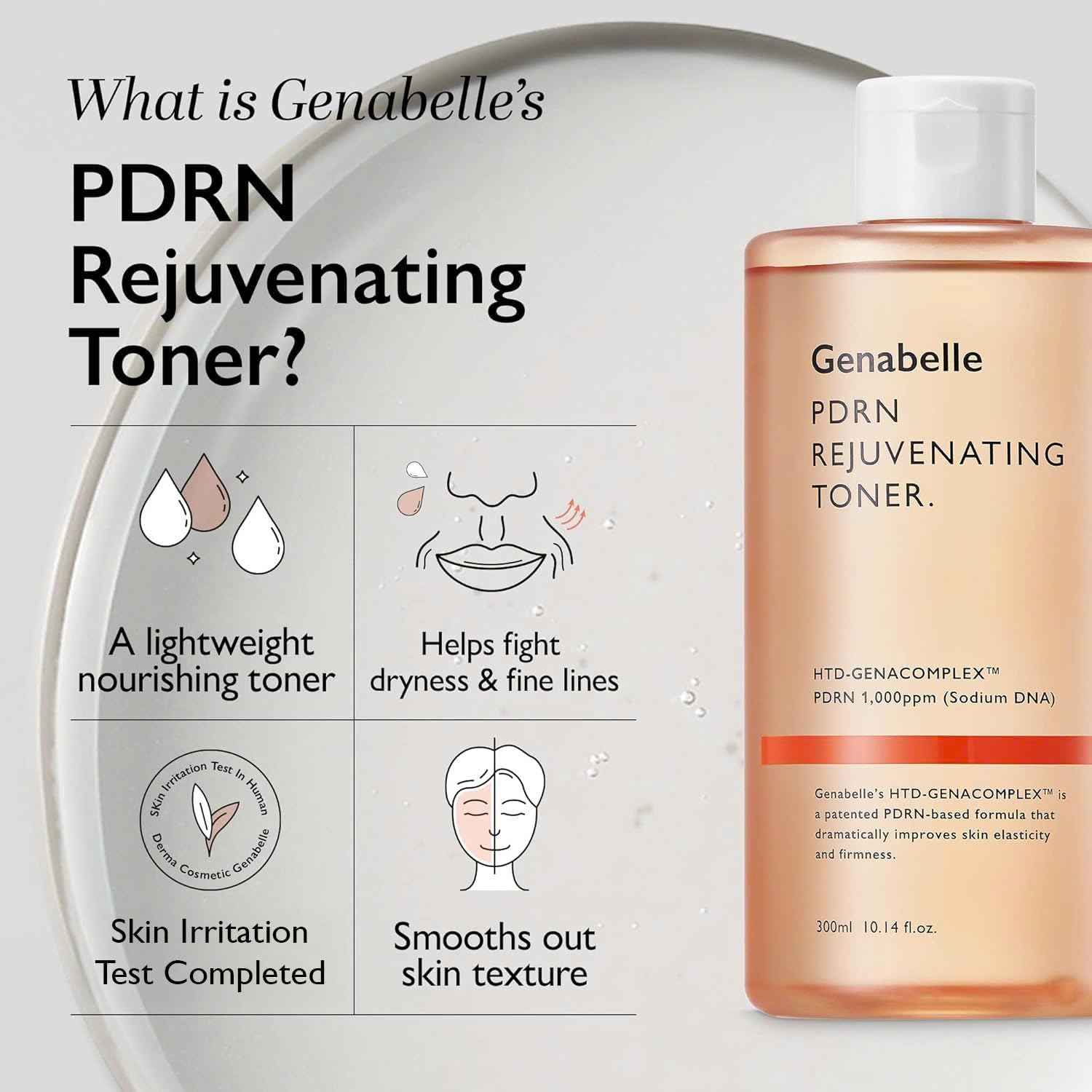Genabelle PDRN Rejuvenating Toner hydrated skin closeup illustrates smooth texture